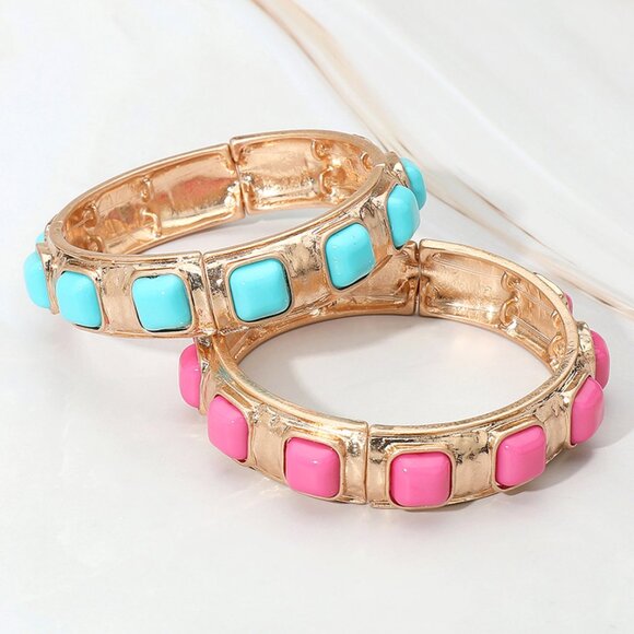 Baroque Vibe Gold Stretch Bangle Bracelets with Colorful Geometric Stones NEW - Picture 13 of 16